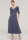 Wedding Guest Dresses Gray Chiffon Exquisite A-line V Neck Half Sleeve With Pleated Tea-Length Hot Sale Mother of the Bride Dress