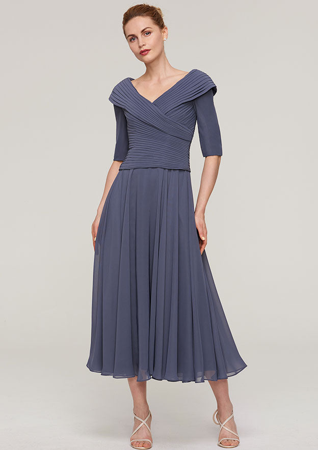 Wedding Guest Dresses Gray Chiffon Exquisite A-line V Neck Half Sleeve With Pleated Tea-Length Hot Sale Mother of the Bride Dress
