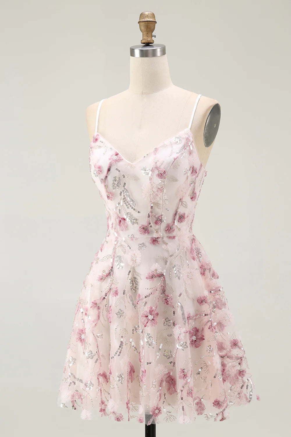 Fashion Short Dress Sparkly Pink A Line Spaghetti Strap V Neck Sleeveless 3D Floral with Sequins Backless Bargain Homecoming Dress