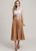 Vintage Elegant Wedding Guest Dresses Chiffon A-line V Neck Cap Sleeve With Lace Applique Ruched Tea-Length Hot Sale Mother of the Bride Dress