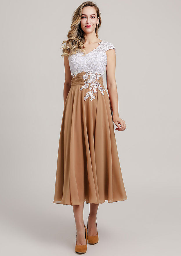 Vintage Elegant Wedding Guest Dresses Chiffon A-line V Neck Cap Sleeve With Lace Applique Ruched Tea-Length Hot Sale Mother of the Bride Dress