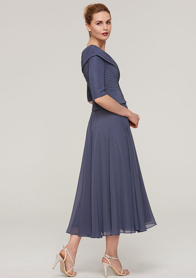 Wedding Guest Dresses Gray Chiffon Exquisite A-line V Neck Half Sleeve With Pleated Tea-Length Hot Sale Mother of the Bride Dress