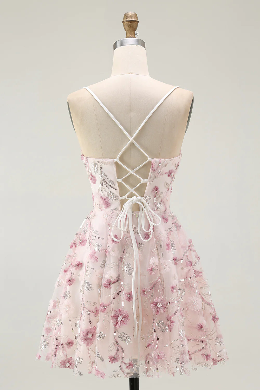 Fashion Short Dress Sparkly Pink A Line Spaghetti Strap V Neck Sleeveless 3D Floral with Sequins Backless Bargain Homecoming Dress
