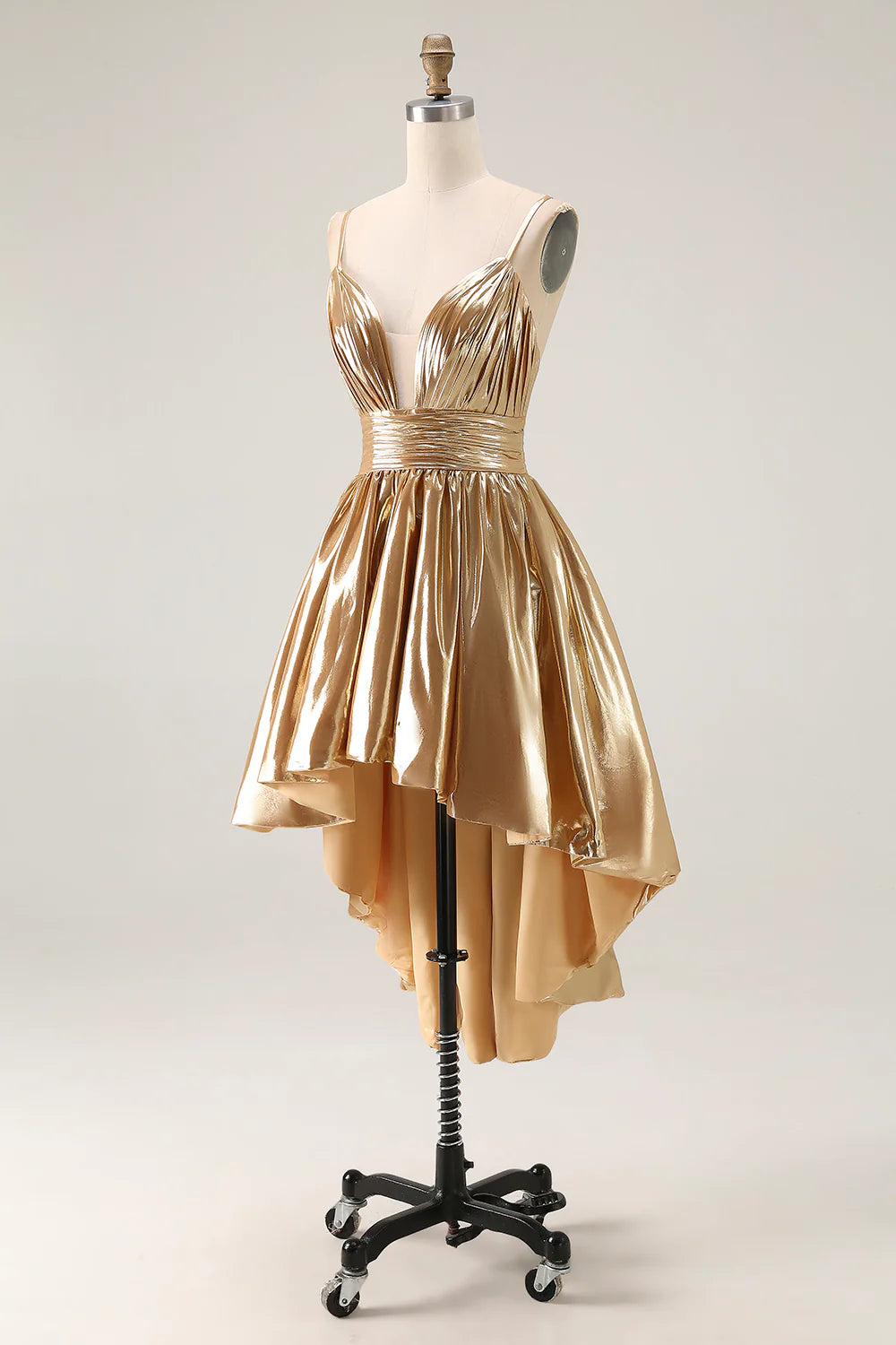 Short Dress Sparkly Metallic Gold A Line Spaghetti Strap Deep V Neck Sleeveless Ruched High-Low Backless Bargain Homecoming Dress