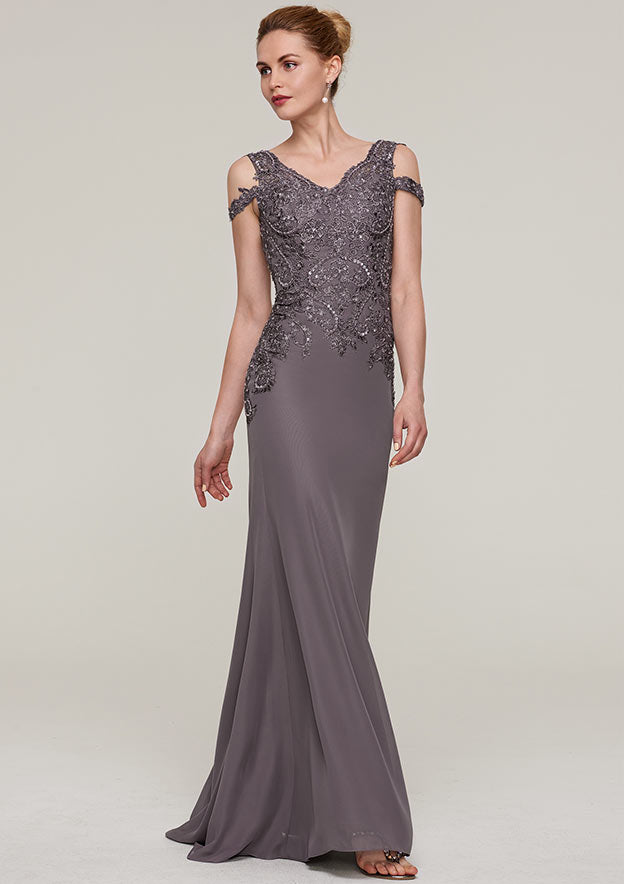 Wedding Guest Dresses Gray Elegant Mermaid V Neck Sleeveless With Sequins Lace Appliqued Sweep Train Hot Sale Mother of the Bride Dress