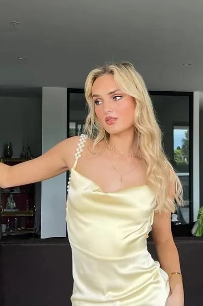 Charming Yellow Sheath Spaghetti Straps Cowl Neck Sleeveless Party Dress with Pearl Backless Cheap Long Prom Dress