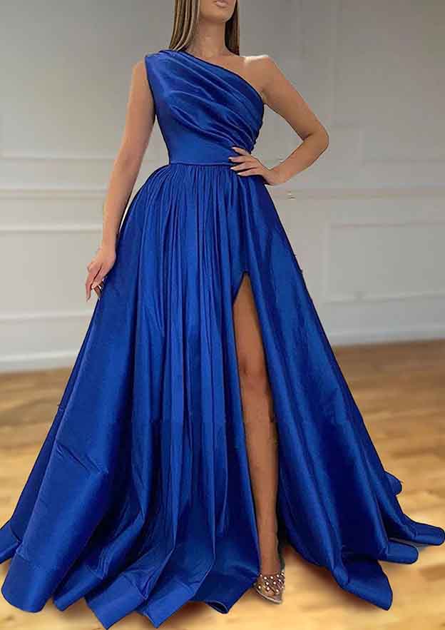 Elegant Satin A-line One-Shoulder Sleeveless With Pleated Split Hot Sale Long Prom Dress