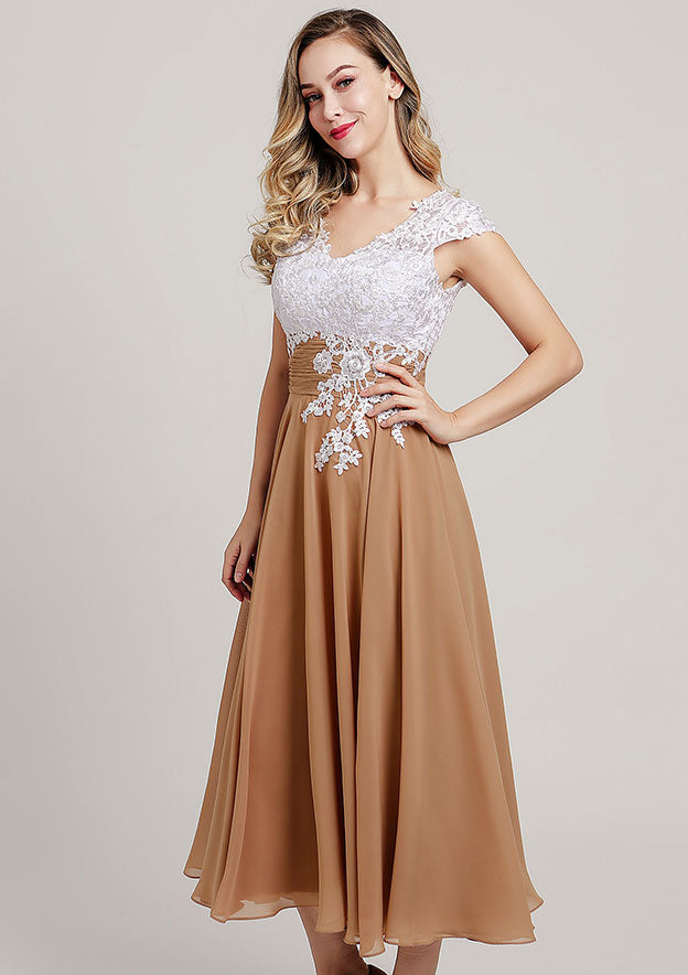 Vintage Elegant Wedding Guest Dresses Chiffon A-line V Neck Cap Sleeve With Lace Applique Ruched Tea-Length Hot Sale Mother of the Bride Dress