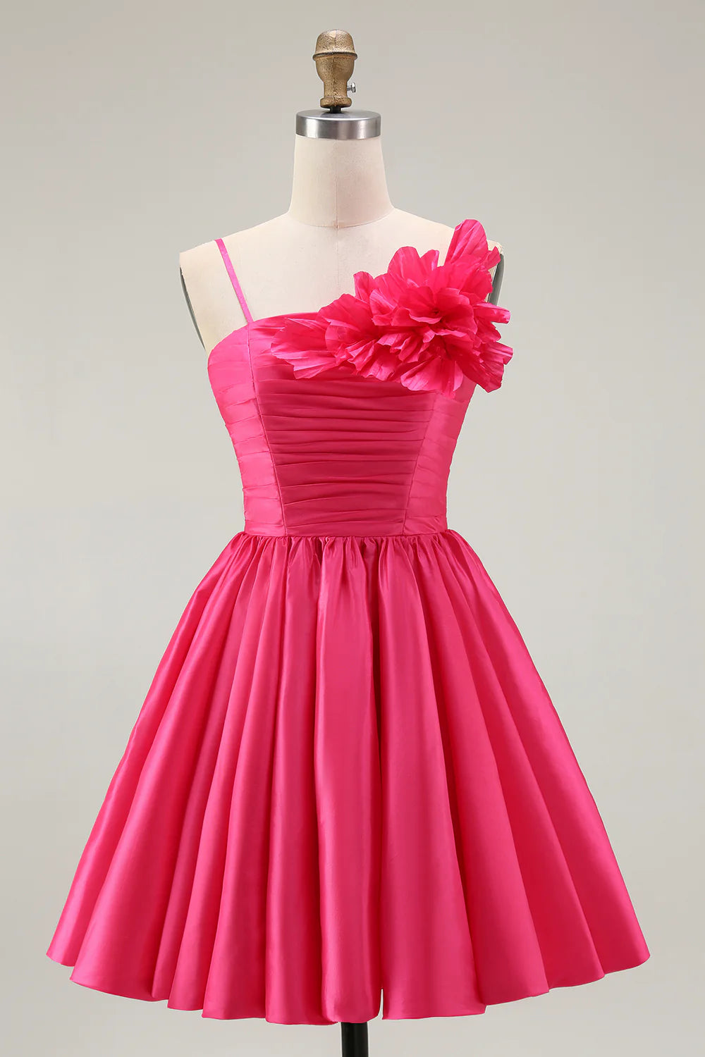 Elegant Short Dress Fuchsia Satin A Line Spaghetti Strap Sleeveless 3D Floral Ruffled Backless Bargain Homecoming Dress