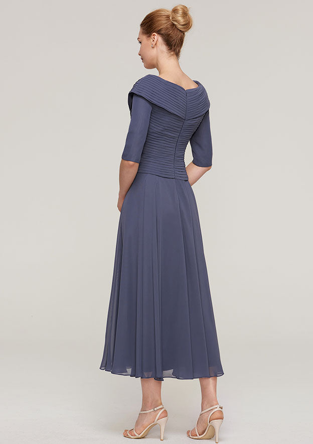 Wedding Guest Dresses Gray Chiffon Exquisite A-line V Neck Half Sleeve With Pleated Tea-Length Hot Sale Mother of the Bride Dress