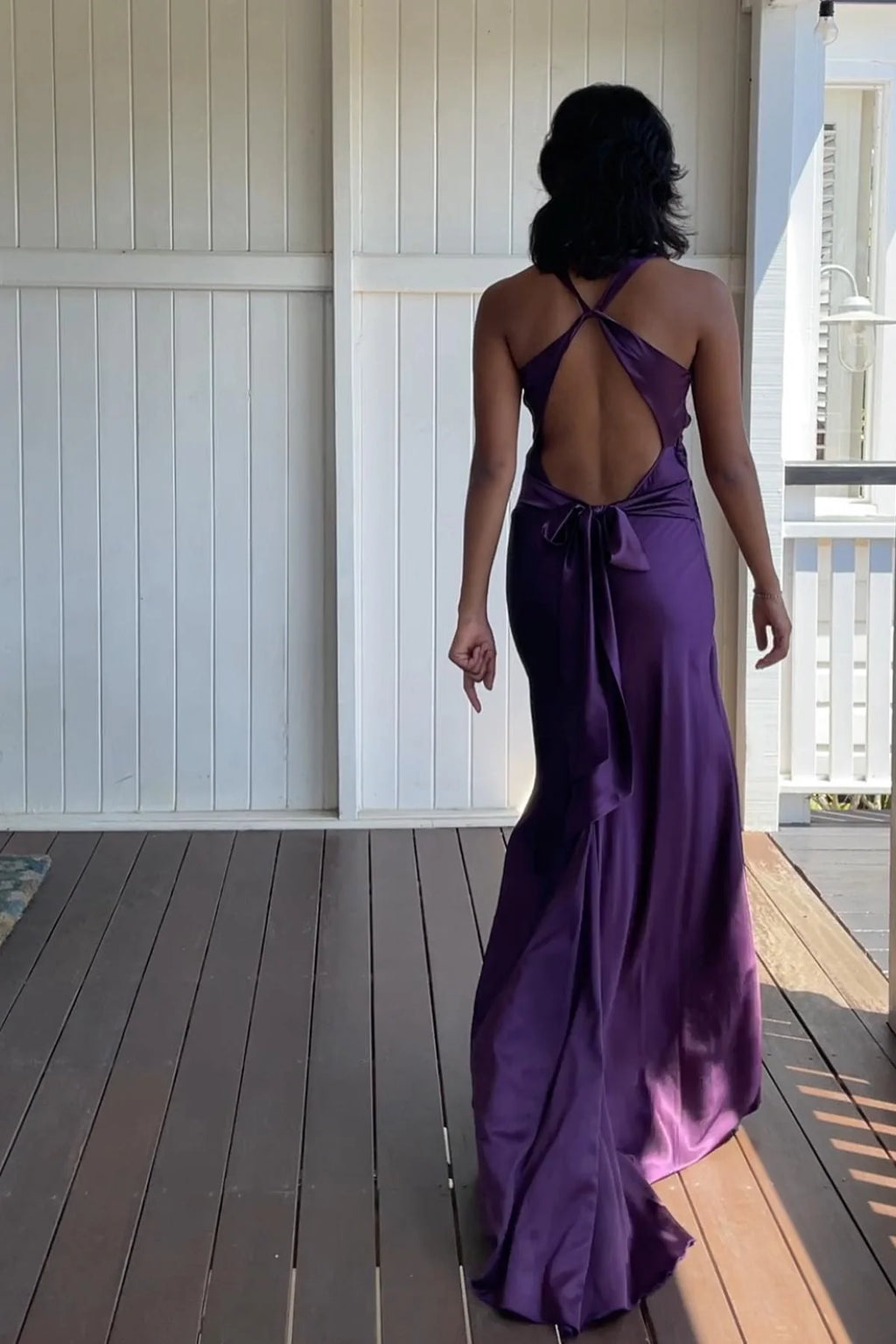 Trendy Purple Sheath Halter Neck Pleated Sleeveless Party Dress with Open Back Bowknot Cheap Long Prom Dress