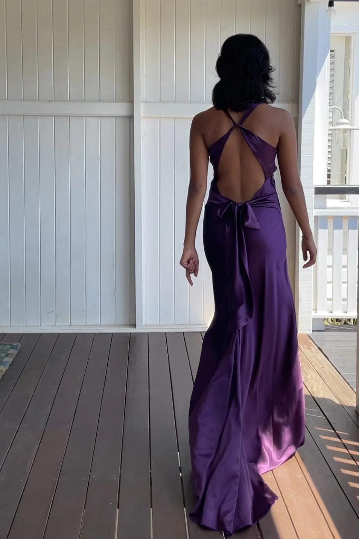 Trendy Purple Sheath Halter Neck Pleated Sleeveless Party Dress with Open Back Bowknot Cheap Long Prom Dress