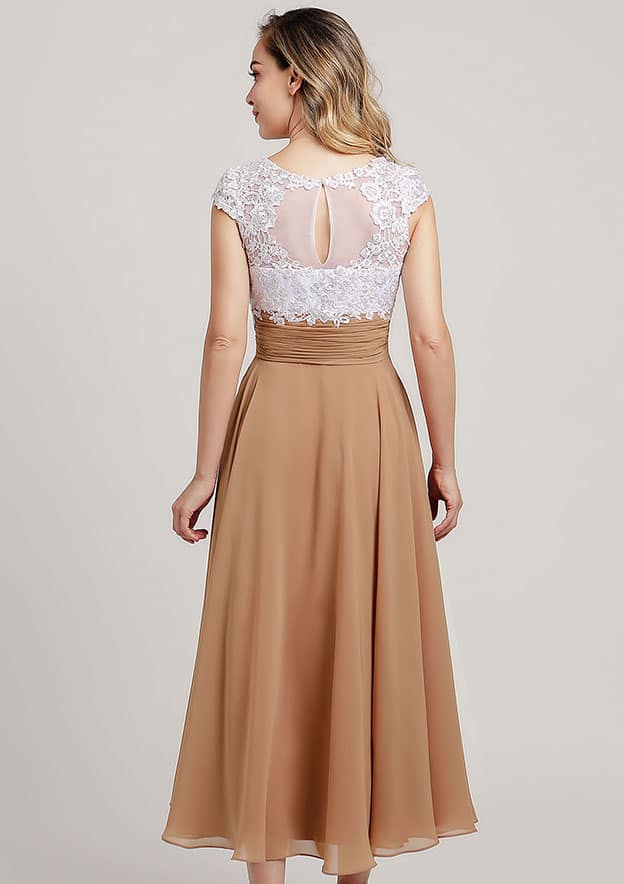 Vintage Elegant Wedding Guest Dresses Chiffon A-line V Neck Cap Sleeve With Lace Applique Ruched Tea-Length Hot Sale Mother of the Bride Dress
