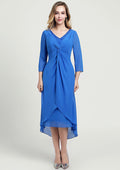 Wedding Guest Dresses Navy Blue Chiffon Elegant A-line V Neck 3/4 Sleeve With Pleated Lace Beading Asymmetrical Tea-Length Hot Sale Mother of the Bride Dress