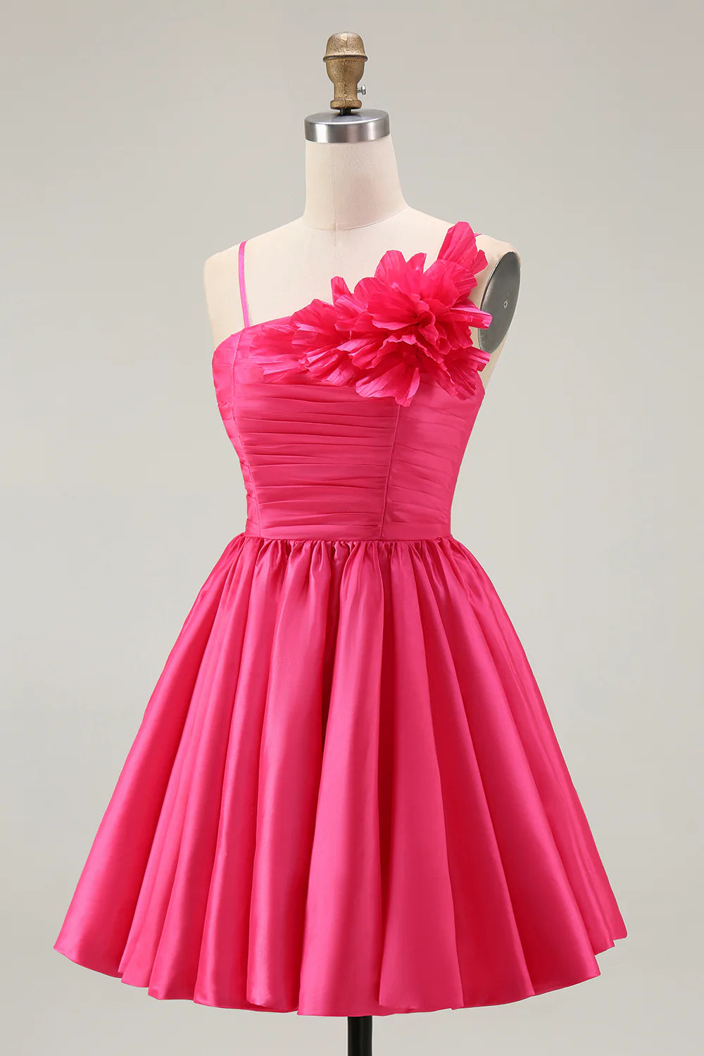 Elegant Short Dress Fuchsia Satin A Line Spaghetti Strap Sleeveless 3D Floral Ruffled Backless Bargain Homecoming Dress