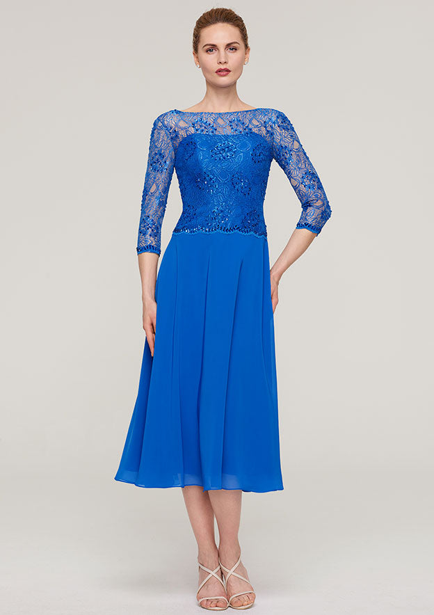Elegant Wedding Guest Dresses Royal Blue Chiffon Lace A-line Bateau 3/4 Sleeve With Beading Ruched Tea-Length Hot Sale Mother of the Bride Dress