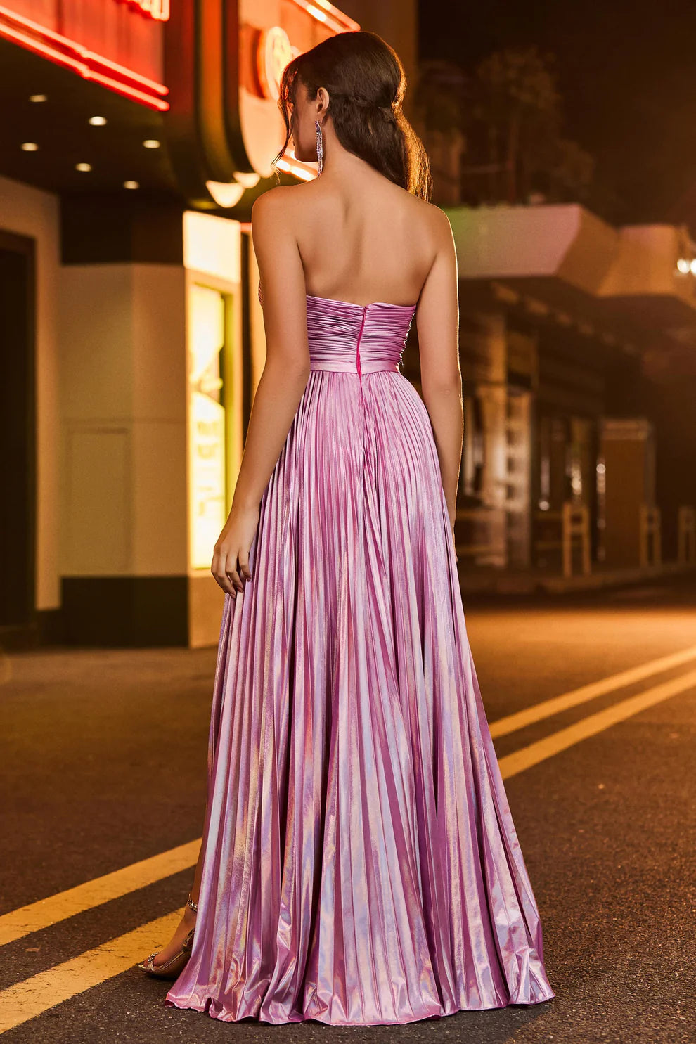 Fashion A-Line Strapless Sweetheart Neckline Sleeveless Pleated Knot Hollow-Out Ruched Slit Sparkle Cheap Long Prom Dress