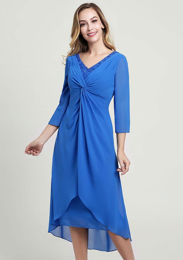 Wedding Guest Dresses Navy Blue Chiffon Elegant A-line V Neck 3/4 Sleeve With Pleated Lace Beading Asymmetrical Tea-Length Hot Sale Mother of the Bride Dress