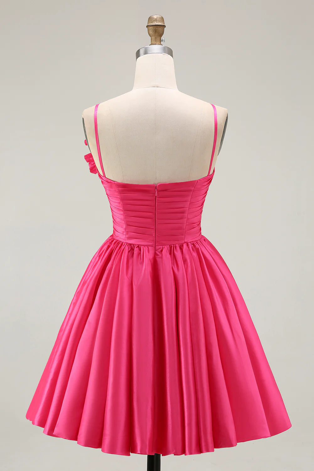Elegant Short Dress Fuchsia Satin A Line Spaghetti Strap Sleeveless 3D Floral Ruffled Backless Bargain Homecoming Dress