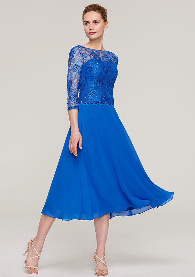 Elegant Wedding Guest Dresses Royal Blue Chiffon Lace A-line Bateau 3/4 Sleeve With Beading Ruched Tea-Length Hot Sale Mother of the Bride Dress
