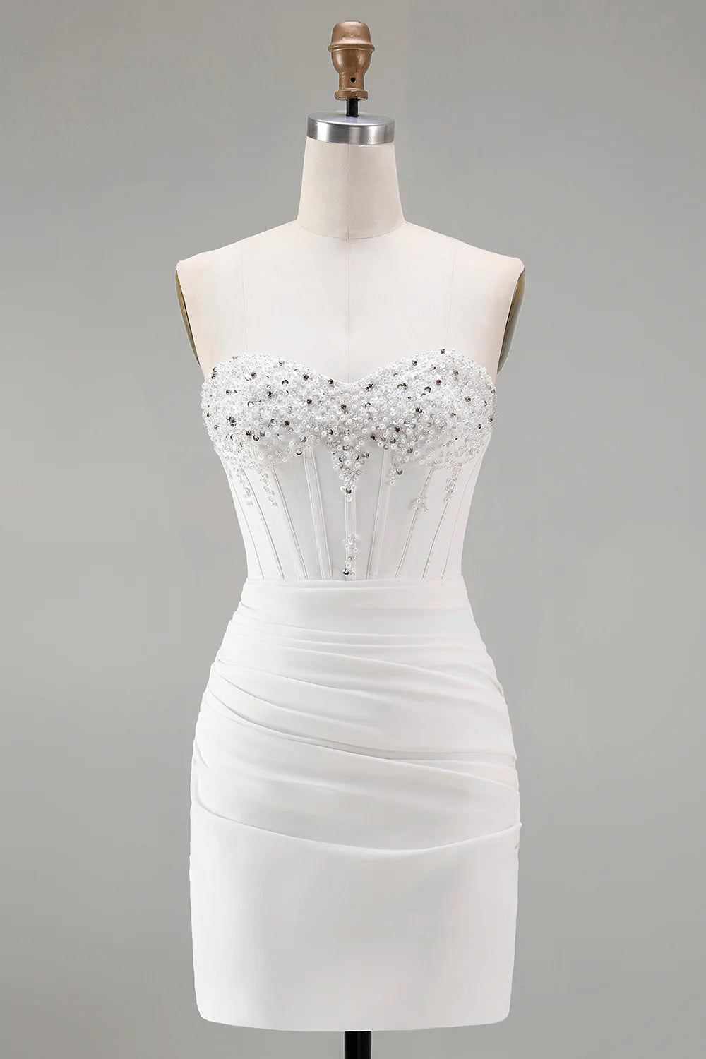 Fashion Short Dress Sparkly White Tight Strapless Sweetheart with Beading Sleeveless Pleated Backless Bargain Homecoming Dress