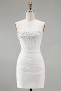 Fashion Short Dress Sparkly White Tight Strapless Sweetheart with Beading Sleeveless Pleated Backless Bargain Homecoming Dress