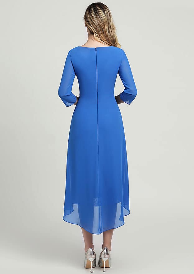 Wedding Guest Dresses Navy Blue Chiffon Elegant A-line V Neck 3/4 Sleeve With Pleated Lace Beading Asymmetrical Tea-Length Hot Sale Mother of the Bride Dress