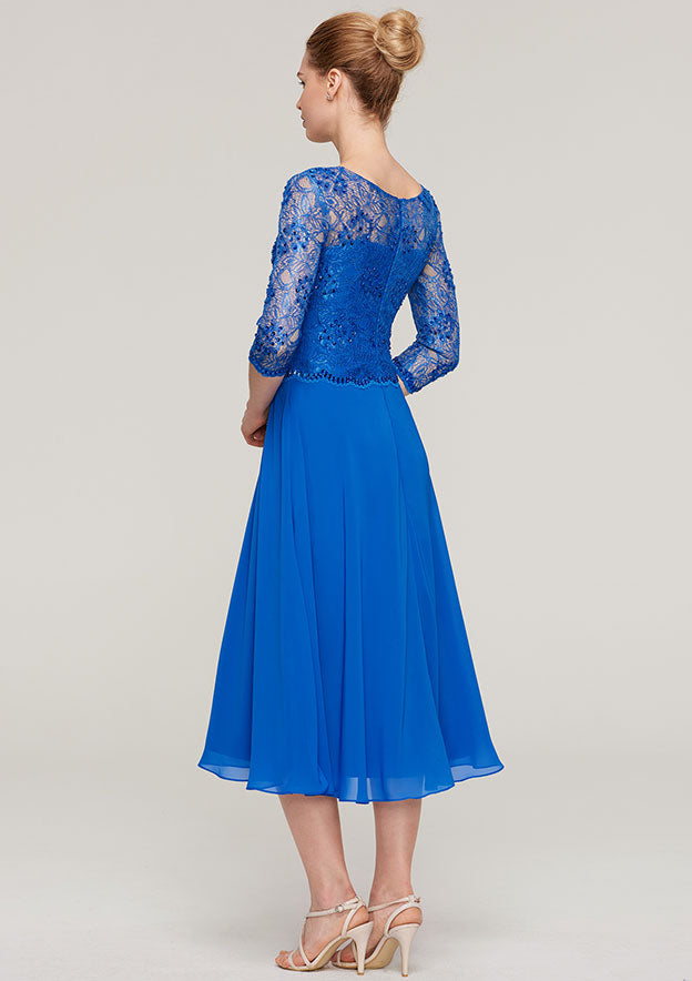 Elegant Wedding Guest Dresses Royal Blue Chiffon Lace A-line Bateau 3/4 Sleeve With Beading Ruched Tea-Length Hot Sale Mother of the Bride Dress