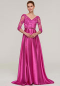 Wedding Guest Dresses Fuchsia Satin Exquisite A-line V Neck 3/4 Sleeve With Sashes Lace Appliqued Beading V Back Sweep Train Hot Sale Mother of the Bride Dress