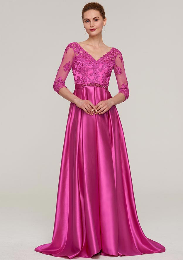 Wedding Guest Dresses Fuchsia Satin Exquisite A-line V Neck 3/4 Sleeve With Sashes Lace Appliqued Beading V Back Sweep Train Hot Sale Mother of the Bride Dress