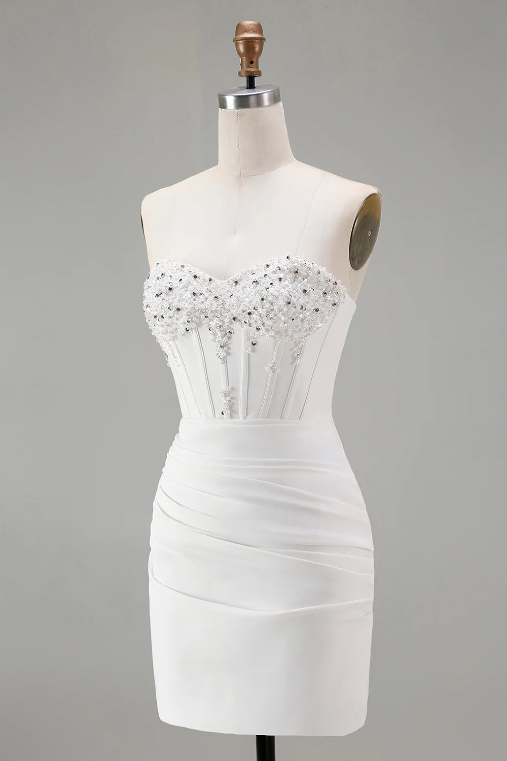 Fashion Short Dress Sparkly White Tight Strapless Sweetheart with Beading Sleeveless Pleated Backless Bargain Homecoming Dress