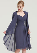Fashion Exquisite Wedding Guest Dresses Chiffon Sheath/Column Sweetheart Neckline Lace Appliqued 3/4 Sleeve Pleated Beading With Jacket Two-Piece Tea-Length Hot Sale Mother of the Bride Dress