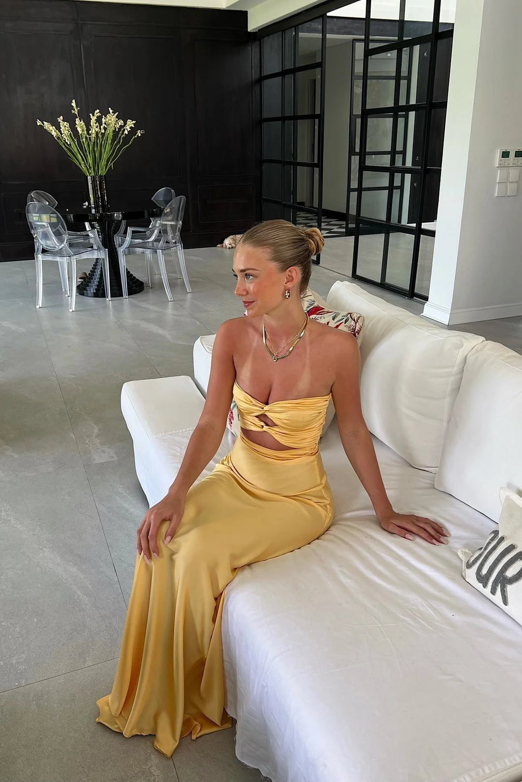 Fashion Yellow Sheath Strapless Sweetheart Pleated Sleeveless with Keyhole Backless Cheap Long Prom Dress