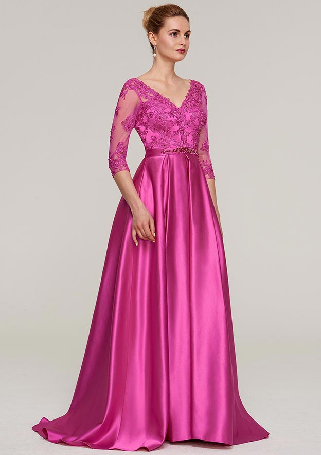 Wedding Guest Dresses Fuchsia Satin Exquisite A-line V Neck 3/4 Sleeve With Sashes Lace Appliqued Beading V Back Sweep Train Hot Sale Mother of the Bride Dress