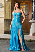 Sparkle Fashion A-Line Strapless Sweetheart Neckline Knot Hollow-Out Sleeveless Ruched With Slit Backless Cheap Long Prom Dress