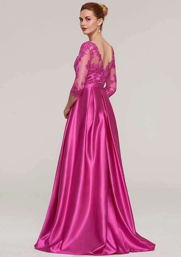 Wedding Guest Dresses Fuchsia Satin Exquisite A-line V Neck 3/4 Sleeve With Sashes Lace Appliqued Beading V Back Sweep Train Hot Sale Mother of the Bride Dress