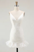 Chic Short Dress Sparkly White Sequins Bodycon Spaghetti Strap V-Neck Sleeveless Backless with Ruffles Bargain Homecoming Dress