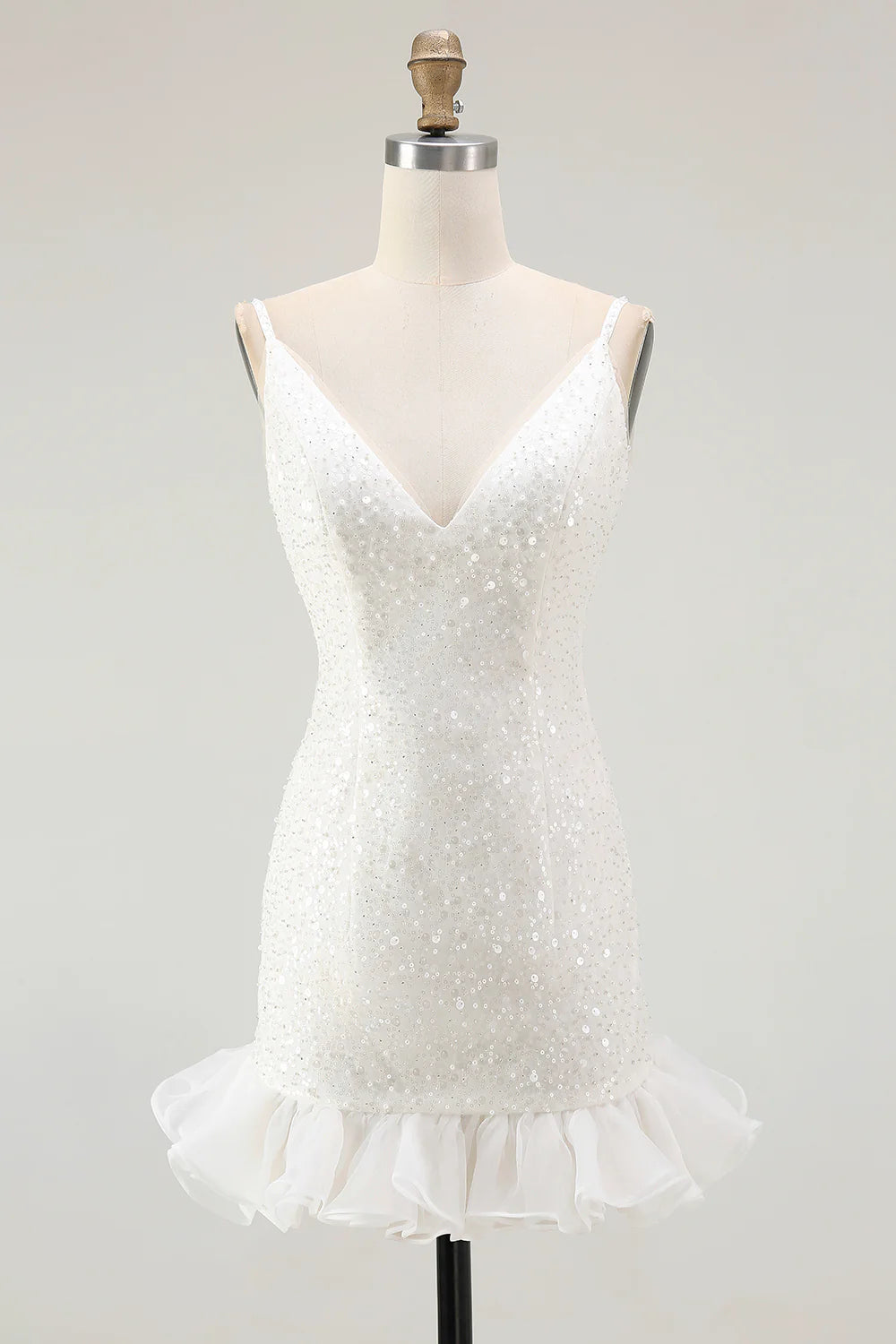 Chic Short Dress Sparkly White Sequins Bodycon Spaghetti Strap V-Neck Sleeveless Backless with Ruffles Bargain Homecoming Dress