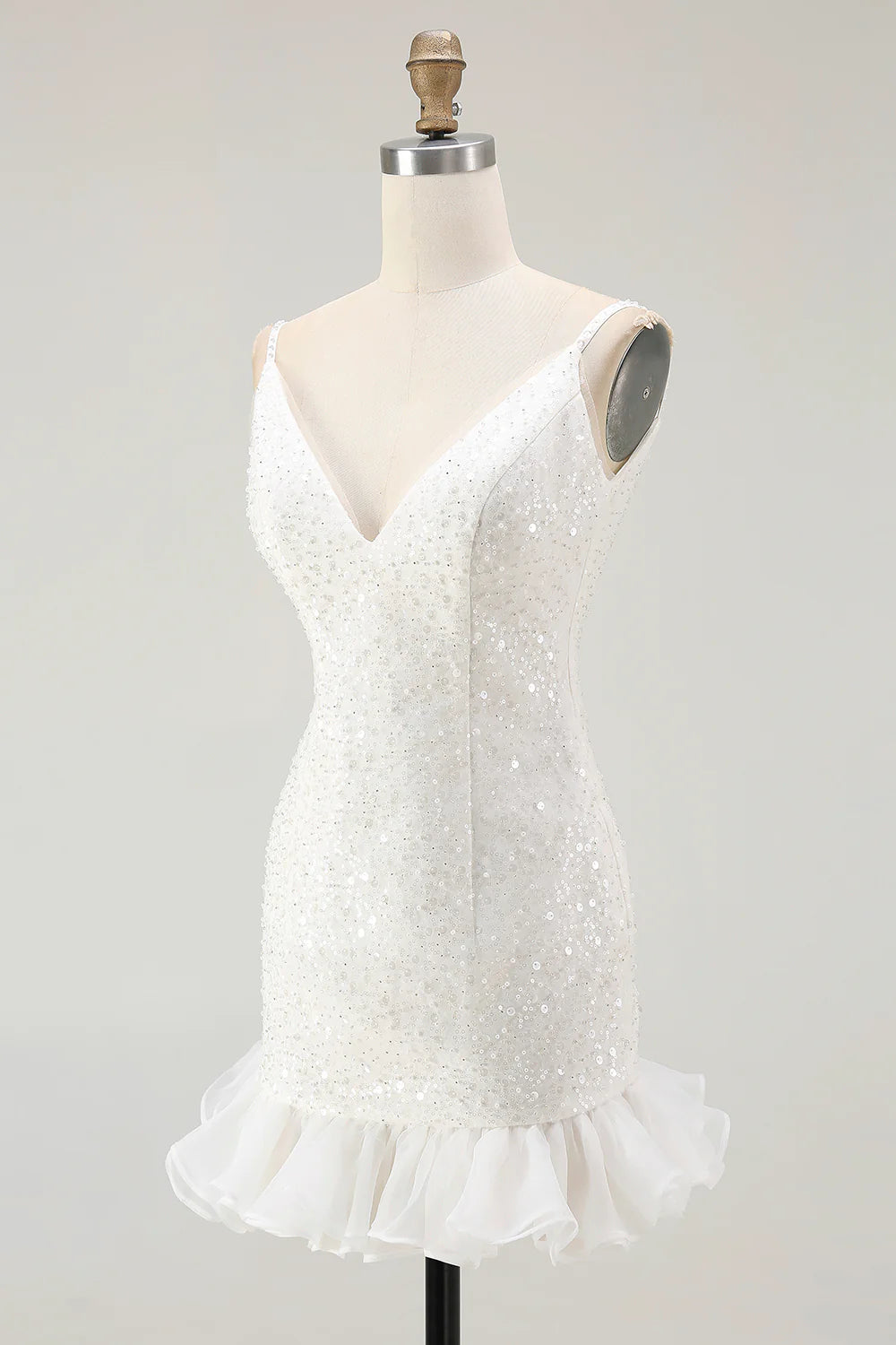 Chic Short Dress Sparkly White Sequins Bodycon Spaghetti Strap V-Neck Sleeveless Backless with Ruffles Bargain Homecoming Dress