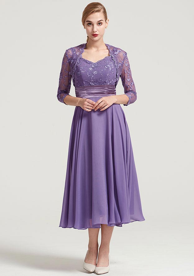 Wedding Guest Dresses Chiffon Lace Classic A-line V Neck Sleeveless Pleated With 3/4 Long Sleeve Jacket Two-Piece Tea-Length Hot Sale Mother of the Bride Dress