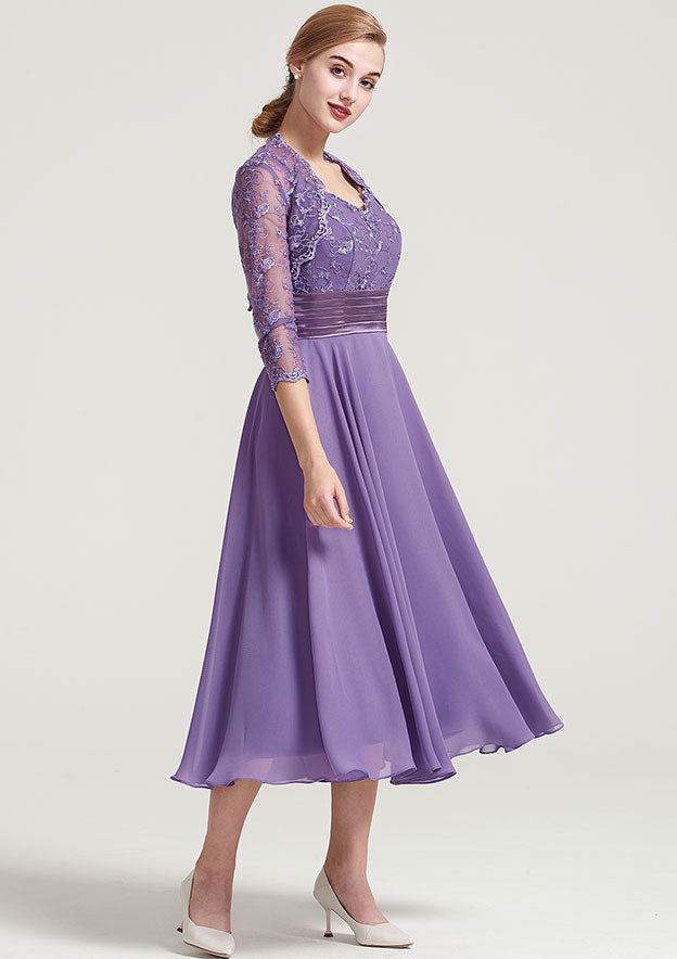 Wedding Guest Dresses Chiffon Lace Classic A-line V Neck Sleeveless Pleated With 3/4 Long Sleeve Jacket Two-Piece Tea-Length Hot Sale Mother of the Bride Dress