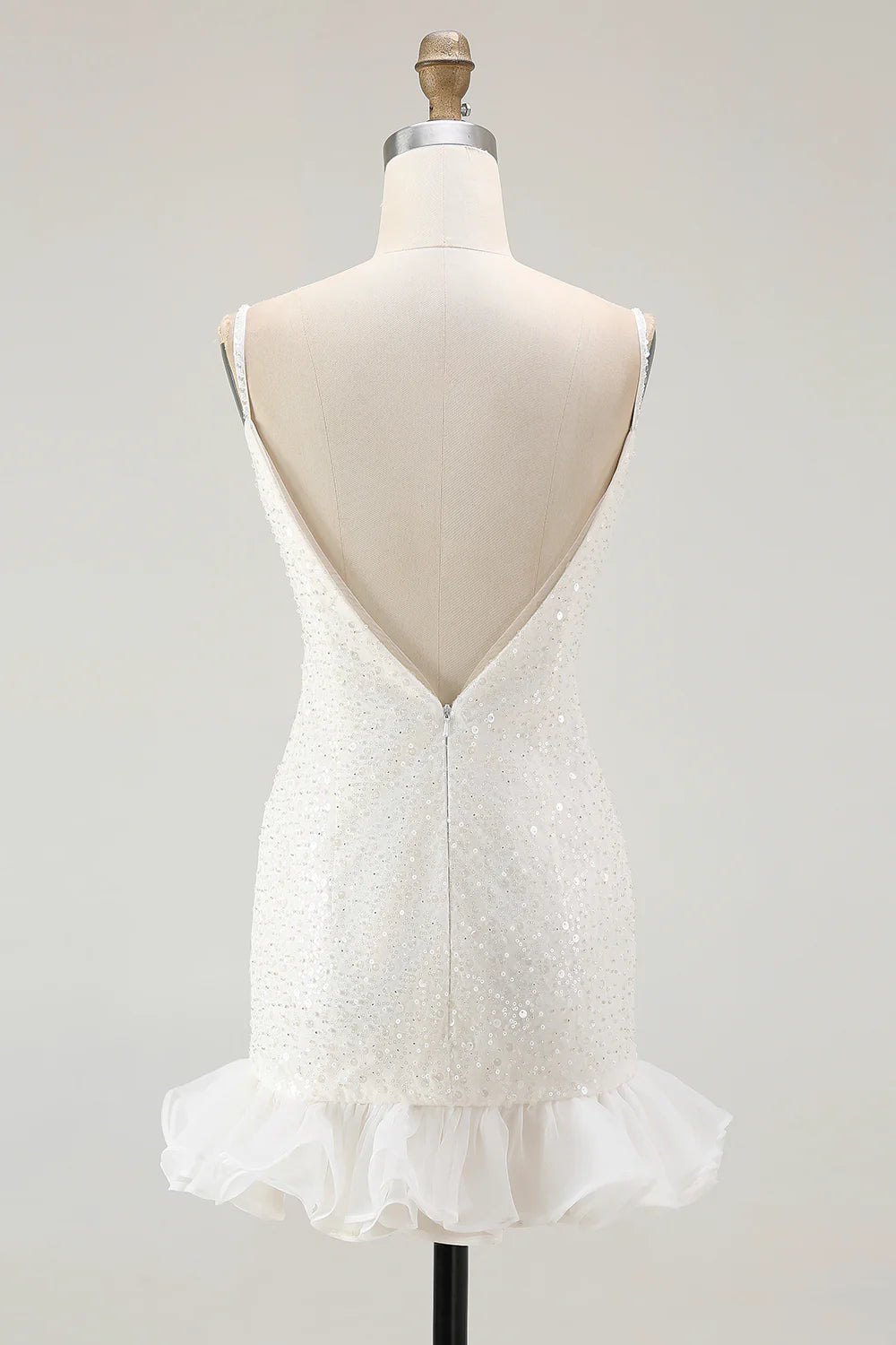 Chic Short Dress Sparkly White Sequins Bodycon Spaghetti Strap V-Neck Sleeveless Backless with Ruffles Bargain Homecoming Dress