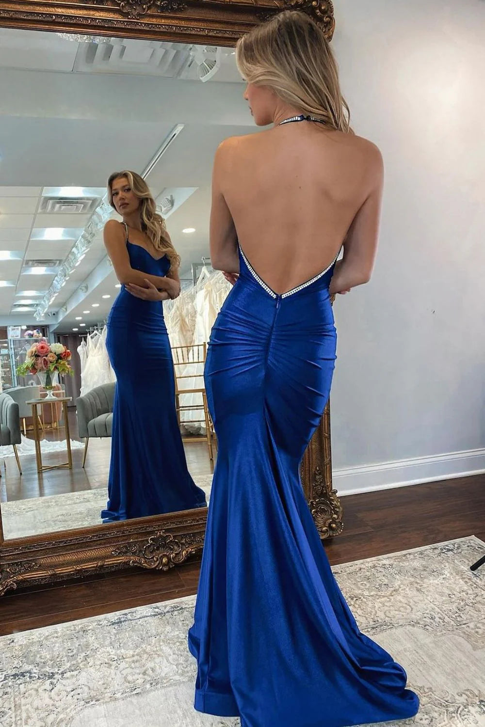 Sexy Royal Blue Mermaid Halter Neck Sleeveless Rhinestone Pleated Open Back Cheap Long Prom Dress