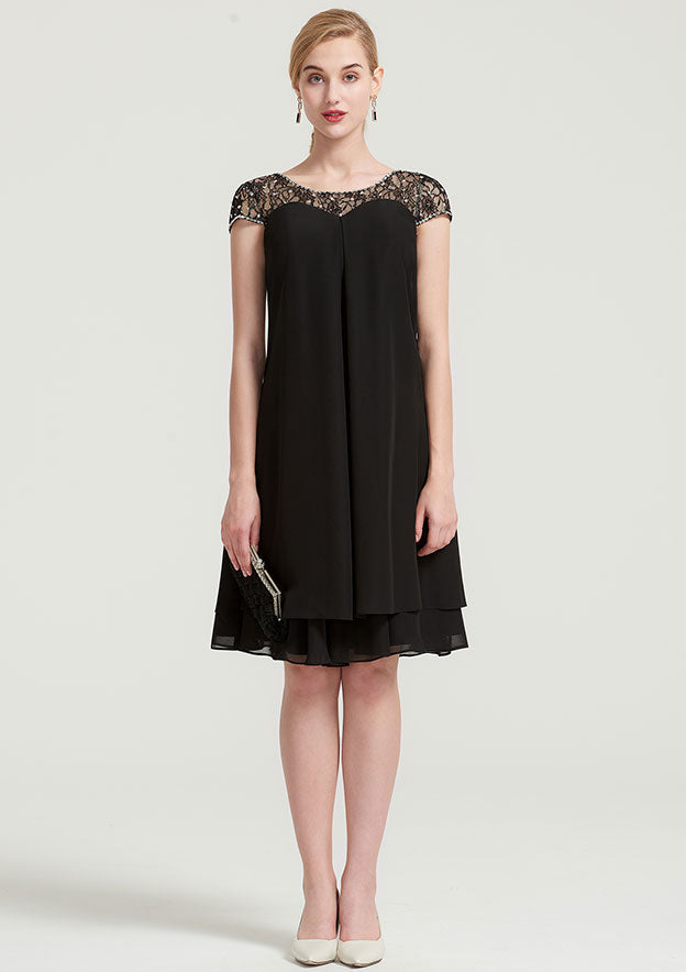 Elegant Wedding Guest Dresses Black Chiffon A-line Boat Neck Short Sleeve With Beading Tiers Ruffles Knee-Length Hot Sale Mother of the Bride Dress