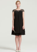 Elegant Wedding Guest Dresses Black Chiffon A-line Boat Neck Short Sleeve With Beading Tiers Ruffles Knee-Length Hot Sale Mother of the Bride Dress