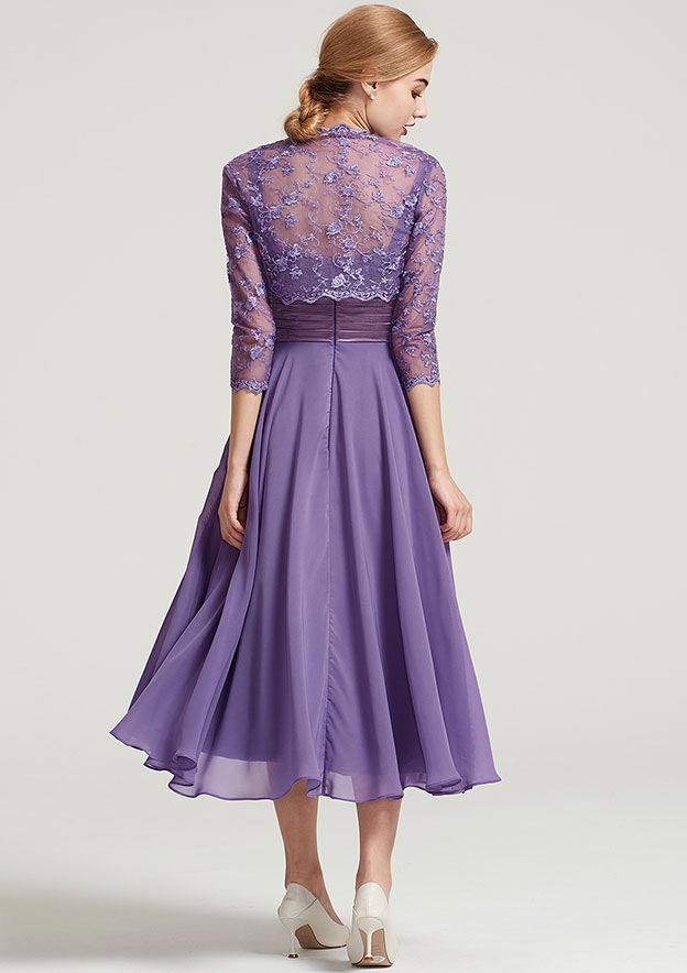 Wedding Guest Dresses Chiffon Lace Classic A-line V Neck Sleeveless Pleated With 3/4 Long Sleeve Jacket Two-Piece Tea-Length Hot Sale Mother of the Bride Dress