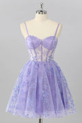 Fashion Short Dress Sparkly Purple A Line Spaghetti Strap Sweetheart Neckline Sleeveless Sequin Floral Backless Ruched Bargain Homecoming Dress