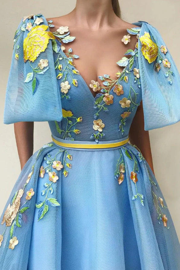 3D Floral-Embroidered Tulle Deep-V Puff-Sleeve Ballgown Prom Dress