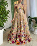 3D Floral-Embroidered Tulle Sweetheart A-Line Prom Dress