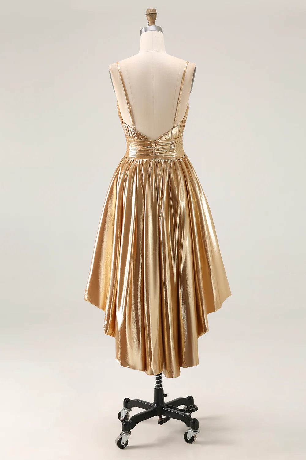 Short Dress Sparkly Metallic Gold A Line Spaghetti Strap Deep V Neck Sleeveless Ruched High-Low Backless Bargain Homecoming Dress